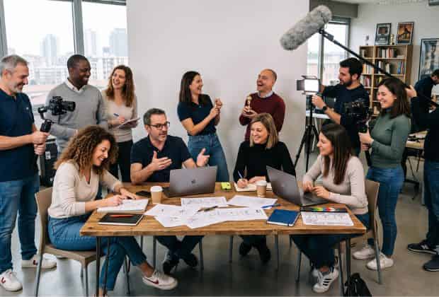 Colleghi che si preparano a registrare una pubblicità durante il team building vinceremo l'Oscar